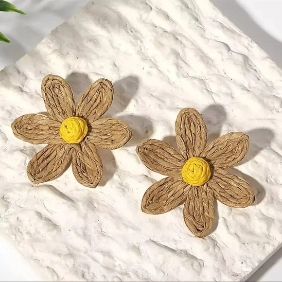 Lalita Sand Sky Boho Raffia Flower Earrings - Picture 3 of 9